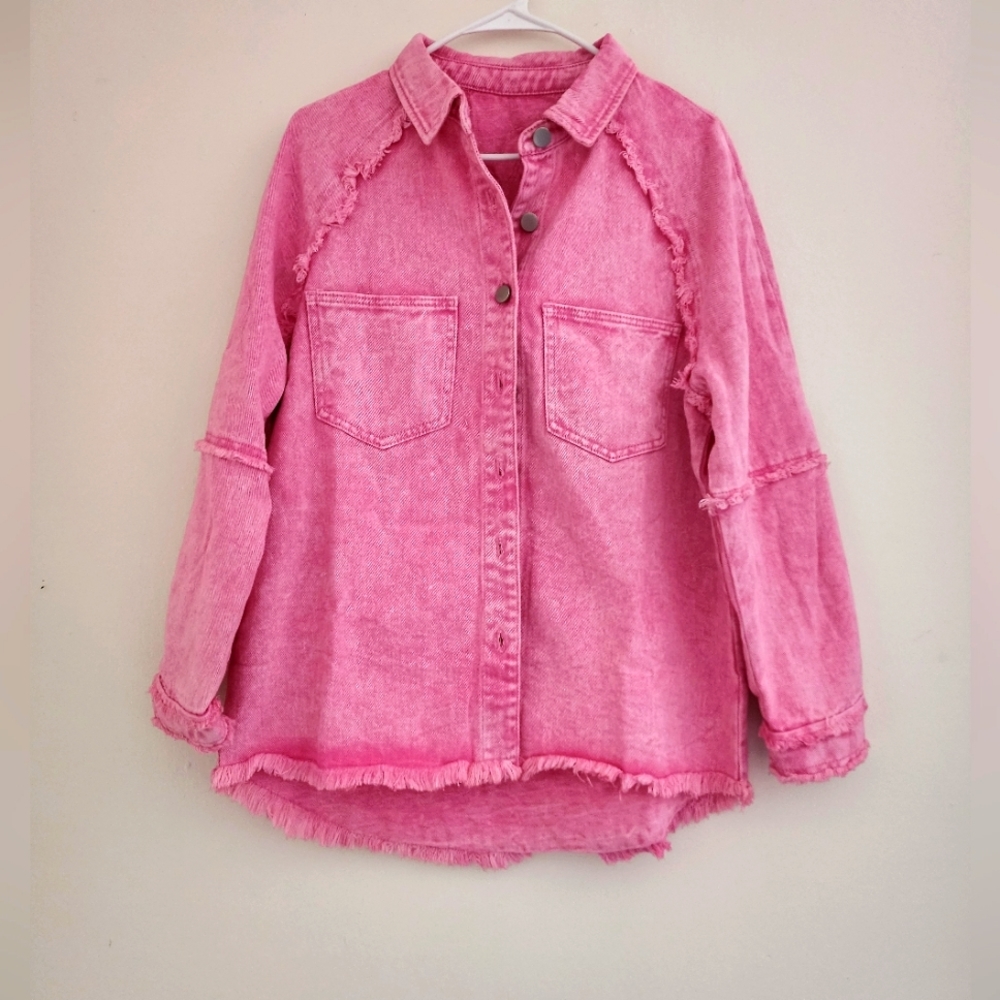 Pink Acid Wash Distressed Denim Shacket Star Cutout Frayed. Used Size M - Picture 6 of 11